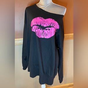 Black Off the Shoulder Sweatshirt with Pink Lips Graphic